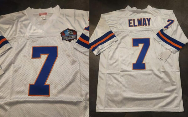 Men's Denver Broncos #7 John Elway White Hall of Fame Patch Stitched Football Jersey