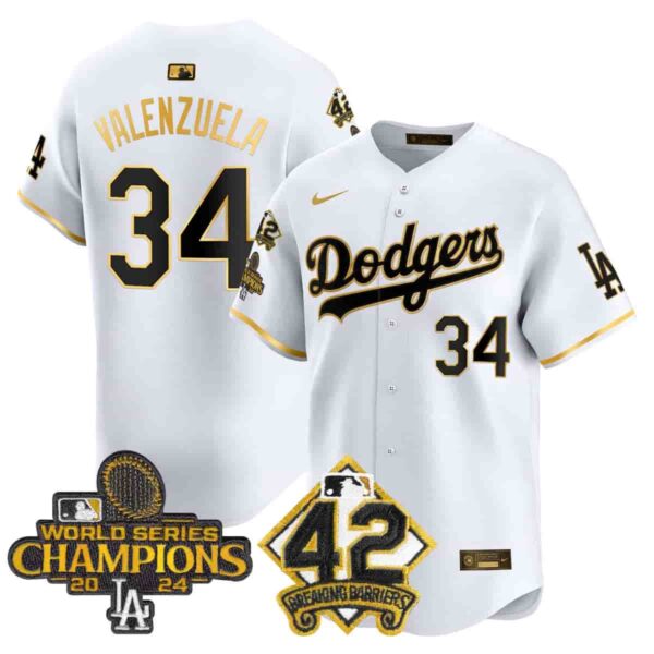 Men's Dodgers 2024 World Series Champions & Jackie Robinson Patch Vapor Premier Limited Jersey All Stitched Fernando Valenzuela #34