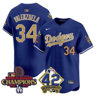 Men's Dodgers 2024 World Series Champions & Jackie Robinson Patch Vapor Premier Limited Jersey All Stitched Fernando Valenzuela #34