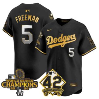 Men's Dodgers 2024 World Series Champions & Jackie Robinson Patch Vapor Premier Limited Jersey All Stitched Freddie Freeman #5