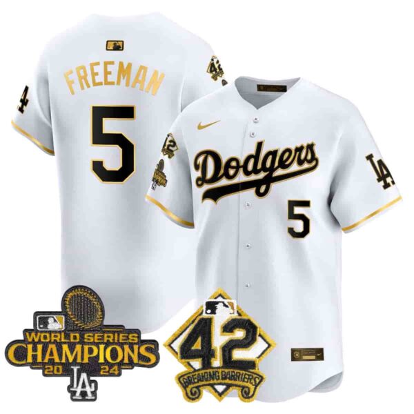 Men's Dodgers 2024 World Series Champions & Jackie Robinson Patch Vapor Premier Limited Jersey All Stitched Freddie Freeman #5