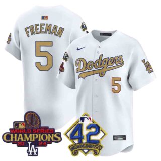 Men's Dodgers 2024 World Series Champions & Jackie Robinson Patch Vapor Premier Limited Jersey All Stitched Freddie Freeman