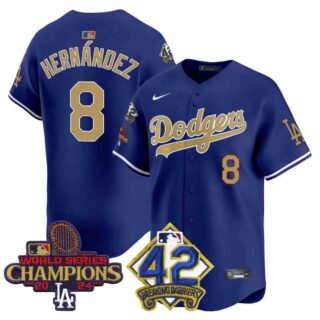Men's Dodgers 2024 World Series Champions & Jackie Robinson Patch Vapor Premier Limited Jersey All Stitched Kike Hernandez #8
