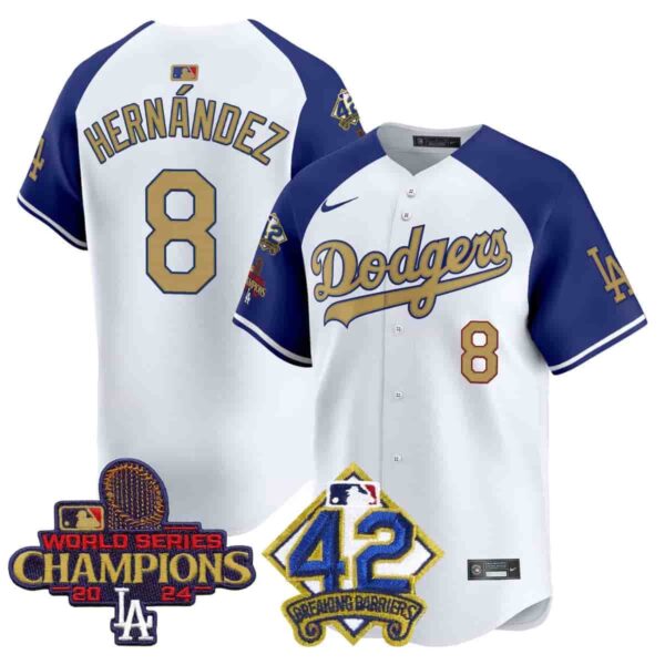 Men's Dodgers 2024 World Series Champions & Jackie Robinson Patch Vapor Premier Limited Jersey All Stitched Kike Hernandez #8