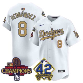 Men's Dodgers 2024 World Series Champions & Jackie Robinson Patch Vapor Premier Limited Jersey All Stitched Kike Hernandez