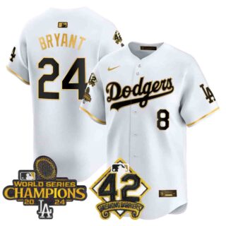 Men's Dodgers 2024 World Series Champions & Jackie Robinson Patch Vapor Premier Limited Jersey All Stitched Kobe Bryant #24