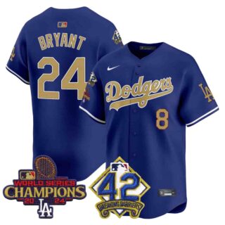 Men's Dodgers 2024 World Series Champions & Jackie Robinson Patch Vapor Premier Limited Jersey All Stitched Kobe Bryant #24