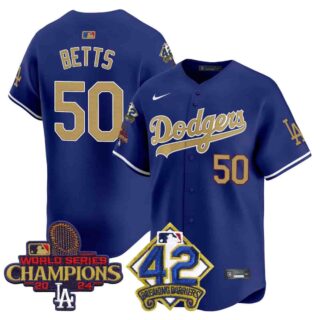 Men's Dodgers 2024 World Series Champions & Jackie Robinson Patch Vapor Premier Limited Jersey All Stitched Mookie Betts #50