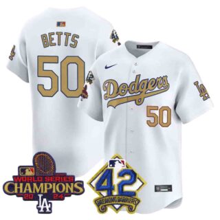 Men's Dodgers 2024 World Series Champions & Jackie Robinson Patch Vapor Premier Limited Jersey All Stitched Mookie Betts