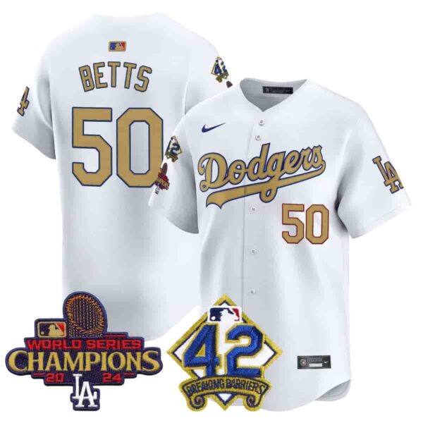 Men's Dodgers 2024 World Series Champions & Jackie Robinson Patch Vapor Premier Limited Jersey All Stitched Mookie Betts