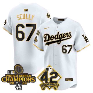 Men's Dodgers 2024 World Series Champions & Jackie Robinson Patch Vapor Premier Limited Jersey All Stitched Vin Scully #67