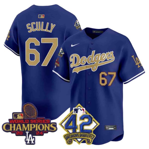 Men's Dodgers 2024 World Series Champions & Jackie Robinson Patch Vapor Premier Limited Jersey All Stitched Vin Scully #67