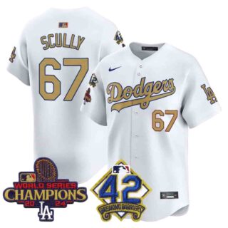 Men's Dodgers 2024 World Series Champions & Jackie Robinson Patch Vapor Premier Limited Jersey All Stitched Vin Scully