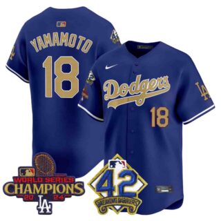 Men's Dodgers 2024 World Series Champions & Jackie Robinson Patch Vapor Premier Limited Jersey All Stitched Yamamoto #18