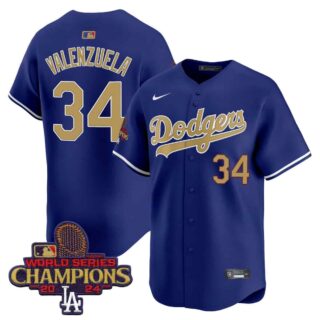 Men's Dodgers 2025 Gold Vapor Premier Limited Jersey All Stitched Royal Fernando Valenzuela #34