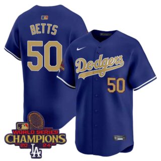 Men's Dodgers 2025 Gold Vapor Premier Limited Jersey All Stitched Royal Mookie Betts #50