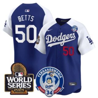Men's Dodgers Fernando Valenzuela & 2024 World Series Patch Vapor Premier Limited Jersey V3 All Stitched Mookie Betts