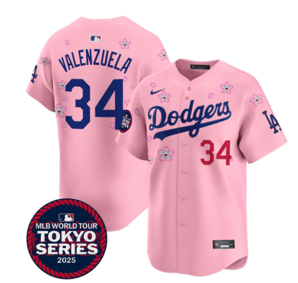 Men's Dodgers Tokyo Series 2025 Vapor Premier Limited Jersey Stitched Cherry Blossom Fernando Valenzuela #34
