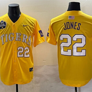 Men's LSU Tigers #22 Jared Jones Gold 2025 World Series & SEC Patch Stitched Baseball Jersey