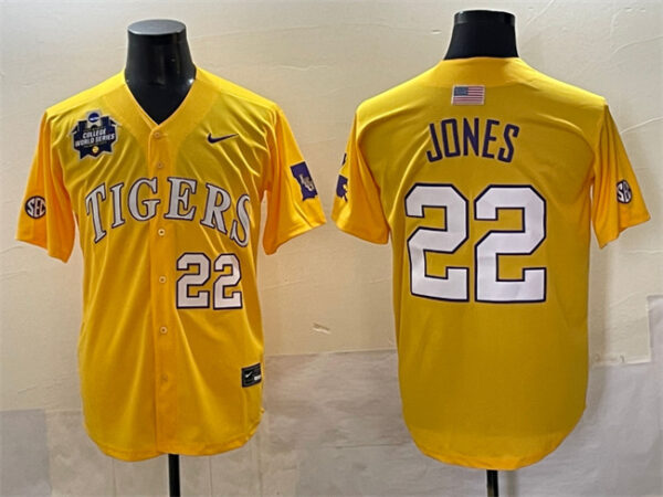 Men's LSU Tigers #22 Jared Jones Gold 2025 World Series & SEC Patch Stitched Baseball Jersey
