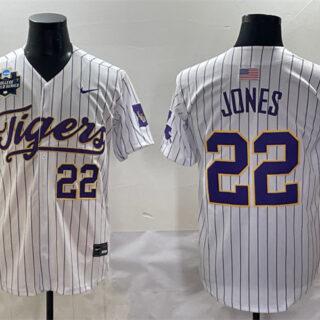 Men's LSU Tigers #22 Jared Jones White Pinstripe 2025 World Series & SEC Patch Stitched Baseball Jersey