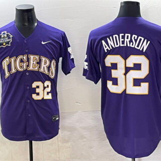 Men's LSU Tigers #32 Kade Anderson Purple 2025 World Series & SEC Patch Stitched Baseball Jersey