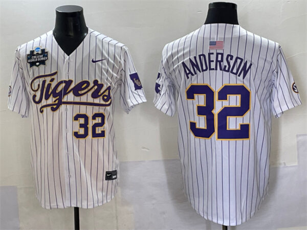 Men's LSU Tigers #32 Kade Anderson White Pinstripe 2025 World Series & SEC Patch Stitched Baseball Jersey