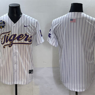 Men's LSU Tigers Blank White Pinstripe 2025 World Series & SEC Patch Stitched Baseball Jersey