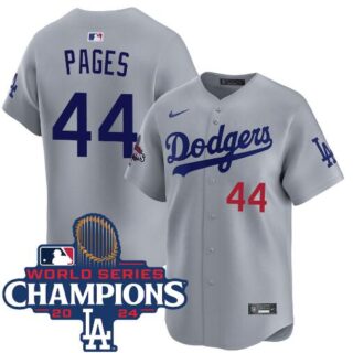 Men's Los Angeles Dodgers #44 Andy Pages Grey 2024 World Series Champions Limited Stitched Baseball Jersey