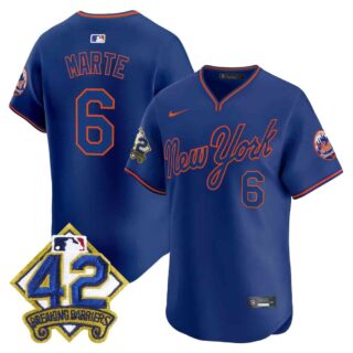 Men's New York Mets 2025 Jackie Robinson Patch Road Alternate Jersey All Stitched Starling Marte