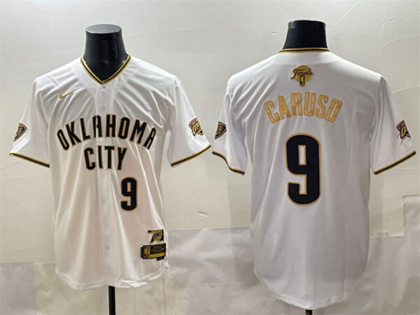 Men's Oklahoma City Thunder #9 Alex Caruso White Gold 2025 Finals Vapor Stitched Baseball Jersey