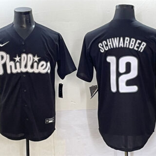 Men's Philadelphia Phillies #12 Kyle Schwarber Black Lights Out Limited Stitched Baseball Jersey