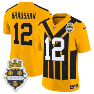 Men's Pittsburgh Steelers #12 Terry Bradshaw Gold 1933 F.U.S.E. Throwback Alternate Football Stitched Football Jersey 2