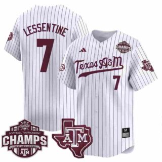 Men's Texas A&M Aggies #7 Sydney Lessentine 2025 SEC Softball Conference Tournament Champions Patch Vapor Premier Limited Pinstripe Jersey All Stitched