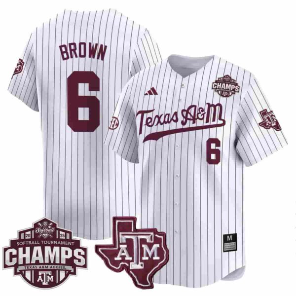 Men's Texas A&M Aggies #6 Taylor Brown 2025 SEC Softball Conference Tournament Champions Patch Vapor Premier Limited Pinstripe Jersey All Stitched