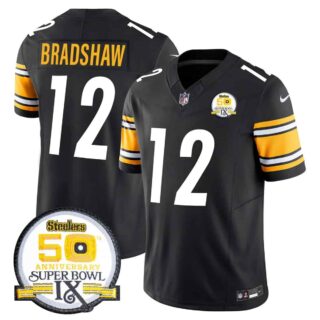 Men's Pittsburgh Steelers 50th Anniversary Of Super Bowl IX Patch Vapor Limited Jersey All Stitched Terry Bradshaw #12