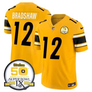 Men's Pittsburgh Steelers 50th Anniversary Of Super Bowl IX Patch Vapor Limited Jersey All Stitched Terry Bradshaw #12