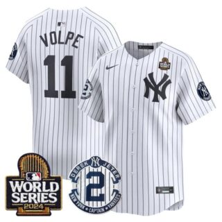 Men's Yankees Derek Jeter Patch 2024 World Series Vapor Premier Limited Jersey All Stitched Anthony Volpe #11