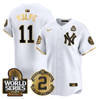 Men's Yankees Derek Jeter Patch 2024 World Series Vapor Premier Limited Jersey All Stitched Anthony Volpe #11
