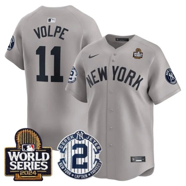 Men's Yankees Derek Jeter Patch 2024 World Series Vapor Premier Limited Jersey All Stitched Anthony Volpe #11