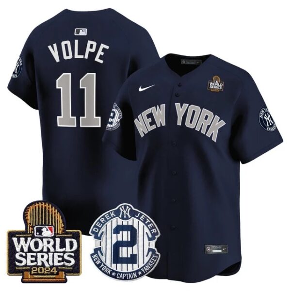Men's Yankees Derek Jeter Patch 2024 World Series Vapor Premier Limited Jersey All Stitched Anthony Volpe #11