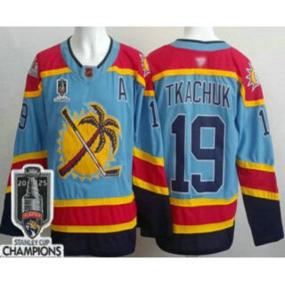 Men's Florida Panthers #19 Matthew Tkachuk Blue 2025 Stanley Cup Champions Authentic Jersey