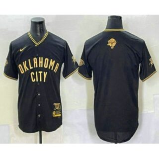 Men's Oklahoma City Thunder Blank Black Gold 2025 Finals Vapor Stitched Baseball Jersey