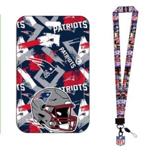 New England Patriots ID Stickers Badge Holder with Lanyard, Hard Plastic Key Card Work Badge Sleeve for Office, School, Factory, ID Credit Cards