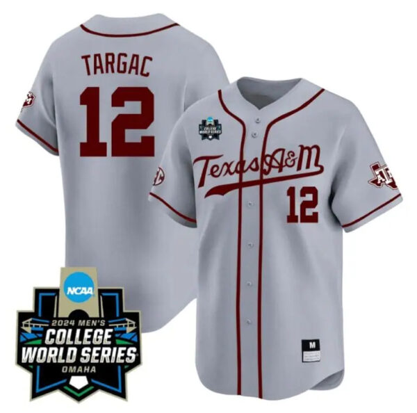 Texas A&M Aggies #12 Rayan Targac 2024 College World Series Vapor Premier Limited NCAA Baseball Grey Alternate Stitched Jersey
