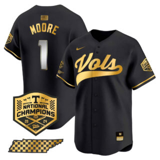 Tennessee Volunteers 2024 Champions Vapor Premier Limited baseball Jersey All StitchedBlack Gold #1 Christian Moore