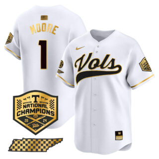 Tennessee Volunteers Jersey 2024 College World Series Vapor Premier Limited V2 NCAA Baseball Stitched White Gold #1 Christian Moore