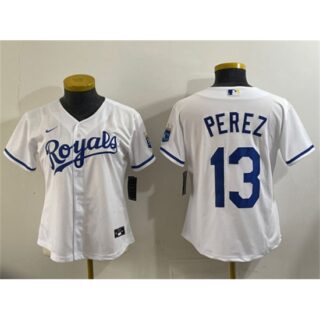 Women's Kansas City Royals #13 Salvador Perez White Cool Base Stitched Jersey(Run Small)