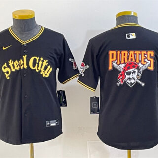 Youth Pittsburgh Pirates Team Big Logo Black 412 Patch Vapor Premier Limited Stitched Baseball Jersey
