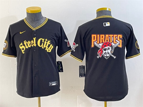 Youth Pittsburgh Pirates Team Big Logo Black 412 Patch Vapor Premier Limited Stitched Baseball Jersey